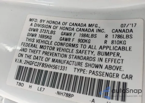 2017 Honda Civic Ex z USA, uszkodzony, nr VIN 2HGFC2F85HH561331